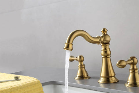 Two Handle Brushed Gold Bathroom Faucet For 3 Hole 8 Inch Widespread Lavatory With High Arc Spout And Pop Up Drain Lead Free