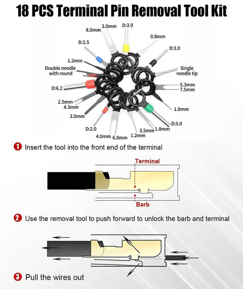 18 PCS Terminal Pin Removal Tool Kit with diagram showing steps to unlock and remove pins from terminal connectors