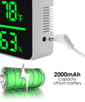 Wall Hanging Decibel Meter With 11 Inch LED Display Real Time Sound Level Temperature And Humidity Monitor With Icon Alarm Dope For Classroom Studio Home Or Factory showing charging port and battery