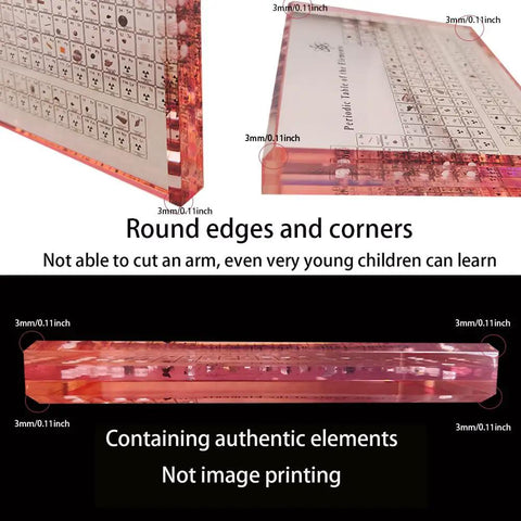 Close-up of Cool Pink Acrylic Periodic Table Display With Real Elements Inside On Wooden Stand 83 Samples Gift Box Packaging