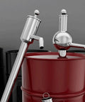 Stainless Steel Manual Oil Transfer Pump Hand Operated Liquid Extractor With Comfort Grip For Quick Barrel Transfers In Workshop Or Garage 180L 200L 300L Barrels, on red drum