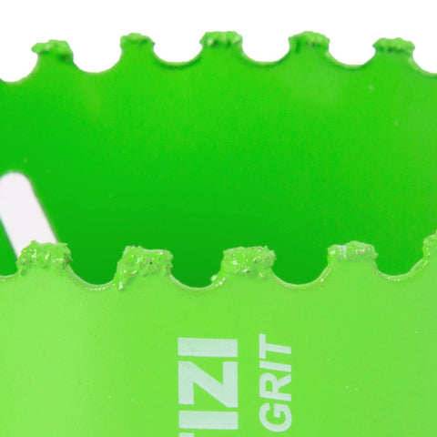 Front view of a 3-1/2 inch carbide grit hole saw with a green body and sharp teeth for cutting stucco and drywall.