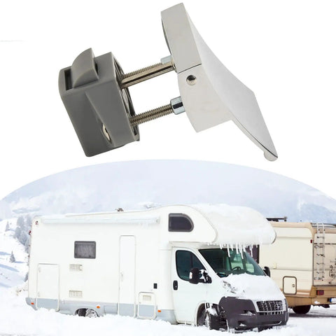 Rugged RV Cabinet Lock Knob With Push Latch For Camper Marine Cupboard Doors near snowy RV landscape
