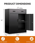 Beefy Heavy Duty Metal Storage Cabinet With One Drawer And Adjustable Shelf For Garage Office Or Home Locking Short Cabinet In Black Built To Last For Tools And Gear 36 Inch H By 27.5 Inch W By 16 Inch D front view showing open door and dimensions