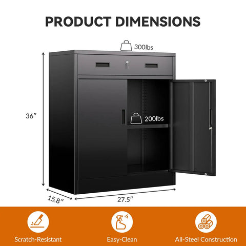 Beefy Heavy Duty Metal Storage Cabinet With One Drawer And Adjustable Shelf For Garage Office Or Home Locking Short Cabinet In Black Built To Last For Tools And Gear 36 Inch H By 27.5 Inch W By 16 Inch D front view showing open door and dimensions