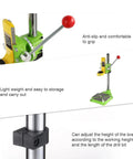 Close-up of heavy duty mini bench drill press electric drill stand with anti-slip handle, adjustable height, and easy storage.