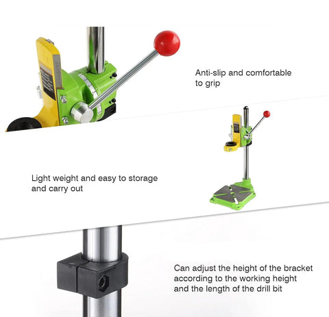 Close-up of heavy duty mini bench drill press electric drill stand with anti-slip handle, adjustable height, and easy storage.