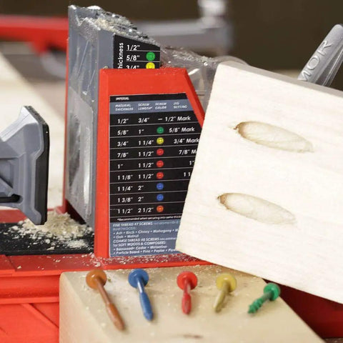 Jig setup with Pocket Hole Screw Set For Softwoods Coarse Thread 350 Count With Color Coated Finish, showing guide and screws