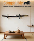 Wooden Sword Wall Mount Kit Two Pack For Katana Wakizashi Tanto Swords Display Holder on wall above table.