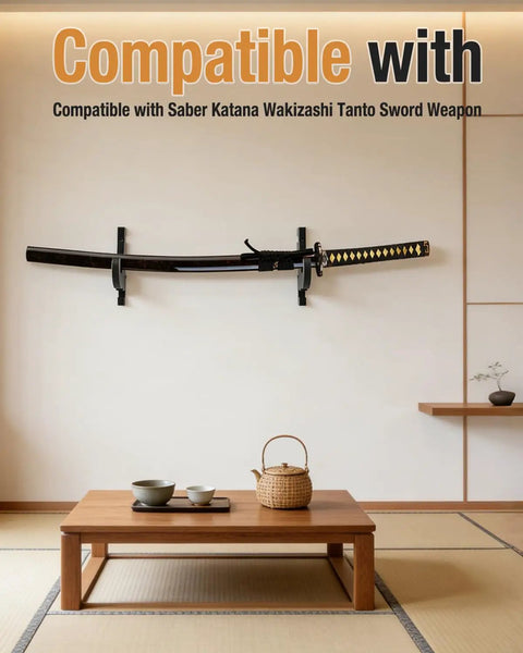 Wooden Sword Wall Mount Kit Two Pack For Katana Wakizashi Tanto Swords Display Holder on wall above table.