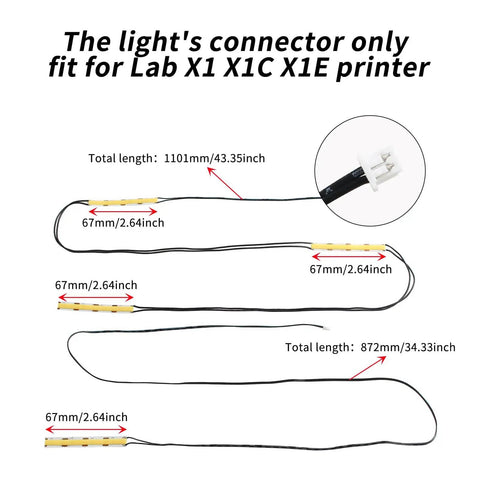 LED Upgrade Kit For 3D Printers 5V 12W COB Strip Light With Y Adapter layout showing lengths and connector for X1 X1C X1E