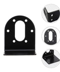 Front view: two black metal DC motor mounting brackets with base plate for gear motors