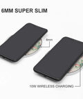 10W Fast Wireless Charger Pad For iPhone And Android, slim, 6mm thin, with phone on top, showing wireless charging functionality