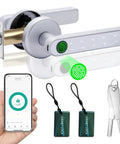 5 In 1 Smart Fingerprint Door Lock With App Access Card Entry Password Codes And Backup Key Biometric Door Lock For Bedroom Apartment Hotel Office And More showing components and smartphone app.