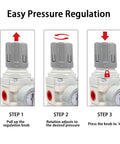 Instructions for adjusting pressure on Dual Half Inch NPT Air Filter Regulator Lubricator All In One With Gauge 0 To 150 PSI.