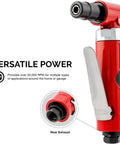 1/4 Inch Air Right Angle Die Grinder with Pistol Grip and Rear Exhaust, showing 20,000 RPM and versatile power for various applications