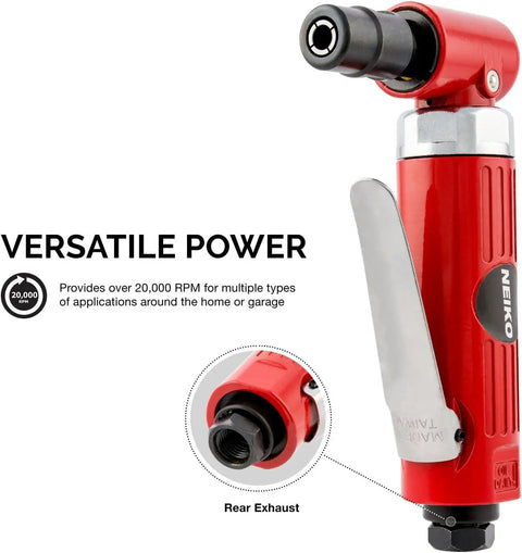 1/4 Inch Air Right Angle Die Grinder with Pistol Grip and Rear Exhaust, showing 20,000 RPM and versatile power for various applications