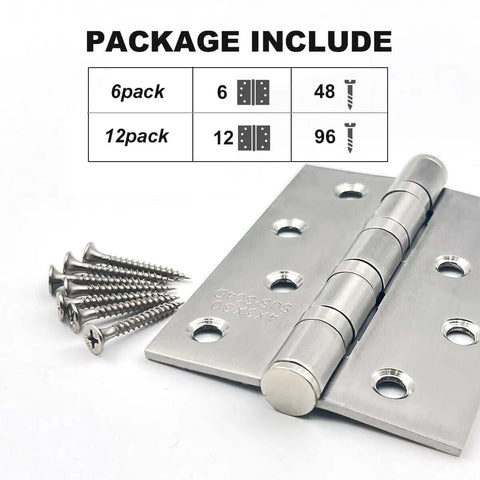 6 Pack Stainless Steel Door Hinges For Exterior And Interior Doors 4x3 Inches Heavy Duty Square Corner Hinges package with screws