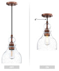 Modern Industrial Farmhouse 6.5 Inch Hand Blown Seeded Glass Pendant Lights in washed copper finish, on and off view