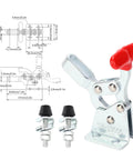 Side view of Two Pack Beefy Welding Toggle Clamp Set Quick Release Hold Down Latch for woodworking jigs, with diagram and bolts.