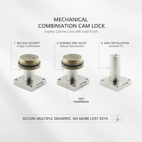 Keyless Mechanical Cam Lock For Drawers And Cabinets With A 3 Digit Combination Dial Gold Zinc Alloy Security