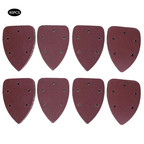 Premium 40-Piece Triangle Sandpaper Set Made From Molten Zirconium Corundum for fast metal and wood polishing cutting, showing eight sandpaper pieces.