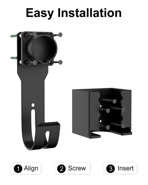 Heavy Duty Ev Charger Wall Mount Kit And Charging Cable Organizer J Hook Holster For Sae J1772 Connector showing easy installation parts in black.