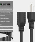 Close-up of Heavy Duty Outdoor Extension Cord 25 Foot Waterproof 16 Gauge 3 Conductor Black Power Cable 13A 1625W SJTW ETL Listed