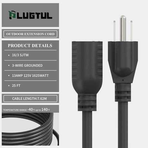 Close-up of Heavy Duty Outdoor Extension Cord 25 Foot Waterproof 16 Gauge 3 Conductor Black Power Cable 13A 1625W SJTW ETL Listed