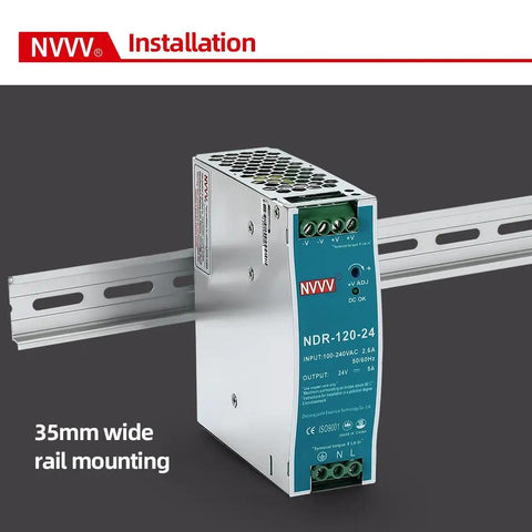24V DC 5A DIN Rail Power Supply 120W With 100-240VAC Input, Switch Mode Converter For Industrial Control Panels, mounted on rail.