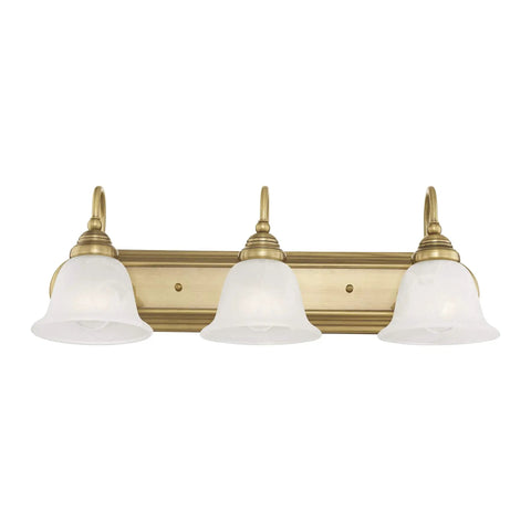 Antique Brass Bath Vanity Light With White Alabaster Glass Shades 24 Inch Wide Eight And A Half Inch Deep Four Point Seven Five Inch Back Plate Classic Steel Build Model 1003 01.