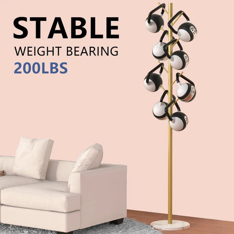 Heavy Duty Coat Rack With Natural Marble Base And Gold Metal Finish Freestanding Eight Hook Coat Tree For Coats Bags Hats And Jackets Ultra Stable Modern Home Organizer in a living room setting