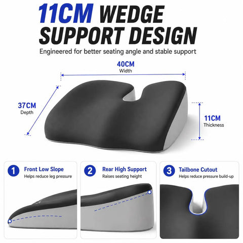 Premium Ergonomic Memory Foam Wedge Car Seat Cushion for MINI, 40CM width, 37CM depth, 11CM thickness, designed for improved posture.