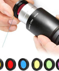 Person inserting red filter into eyepiece from 6-Piece 1.25-Inch Colorful Telescope Eyepiece Filter Kit With Storage Box For Pro-Grade Lunar And Planetary Viewing Includes Red Orange Yellow Green Blue Moon Filters To Boost Contrast And Cut Glare For Amateur Stargazers