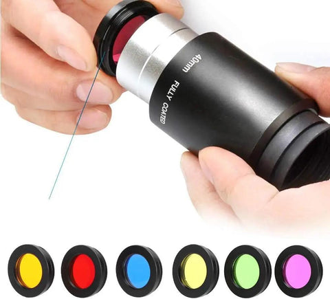 Person inserting red filter into eyepiece from 6-Piece 1.25-Inch Colorful Telescope Eyepiece Filter Kit With Storage Box For Pro-Grade Lunar And Planetary Viewing Includes Red Orange Yellow Green Blue Moon Filters To Boost Contrast And Cut Glare For Amateur Stargazers