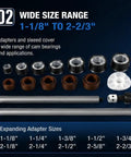 Beefed-Up Engine Cam Bearing Installation and Removal Tool Kit with 1-1/8 to 2-2/3 Inch Adapter and expander sleeves displayed
