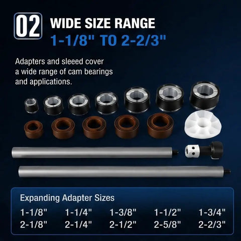 Beefed-Up Engine Cam Bearing Installation and Removal Tool Kit with 1-1/8 to 2-2/3 Inch Adapter and expander sleeves displayed