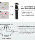 Diagram showing Brushed Nickel Waterfall Widespread Bathroom Faucet 8 Inch installation with pop-up drain and overflow.