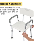 Arms And Back Shower Chair With Tool Free Assembly, Lightweight Powder Coated Aluminum Bath Seat with padded armrests.