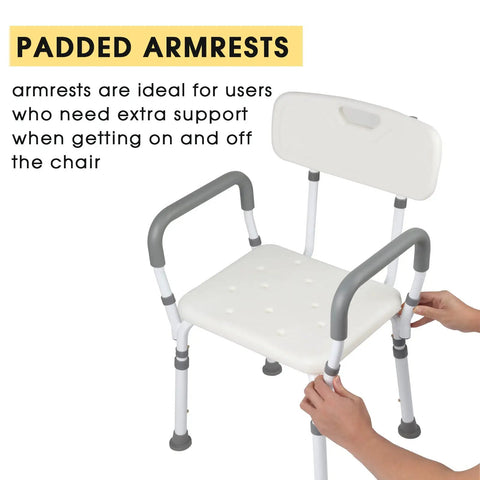 Arms And Back Shower Chair With Tool Free Assembly, Lightweight Powder Coated Aluminum Bath Seat with padded armrests.