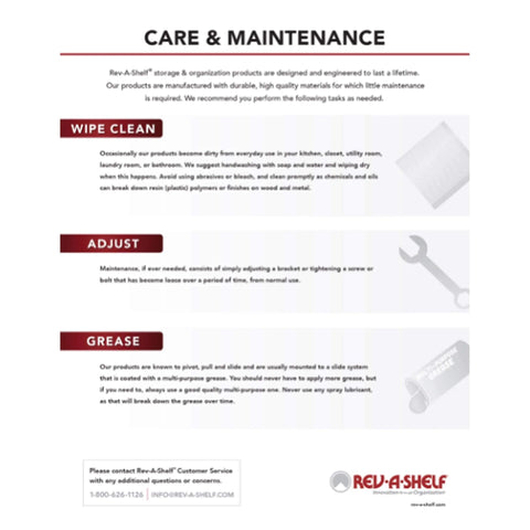 Care and maintenance instructions for Rev-A-Shelf products, including cleaning, adjustment, and lubrication guidance.