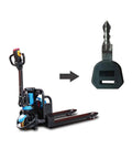 Genuine Apollo Lift Key For Full Electric Lithium Battery Pallet Jack Truck Operation Remote Control Fob next to pallet jack.