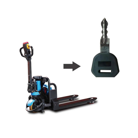 Genuine Apollo Lift Key For Full Electric Lithium Battery Pallet Jack Truck Operation Remote Control Fob next to pallet jack.