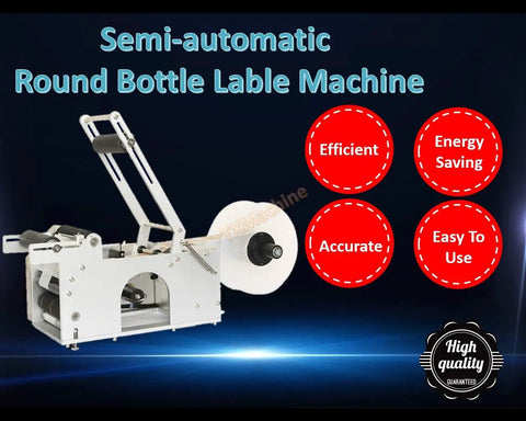 Badass Heavy Duty Semi Automatic Round Bottle Labeling Machine Zero Hassle Setup Quick 20 To 40 Bottles Per Minute side view with label roll