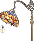 Tiffany-Style Dragonfly Floor Lamp With Orange Blue Stained Glass, Arched Gooseneck Reading Light, Antique Bronze Base, 12-Inch Shade