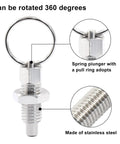Six Pack Retractable Spring Plungers With Pull Ring M10 X 1.5 Thread Stainless Steel Non Lock-Out Knobs 58mm Length 24mm Ring Diameter, showcasing 360-degree rotating spring plunger.