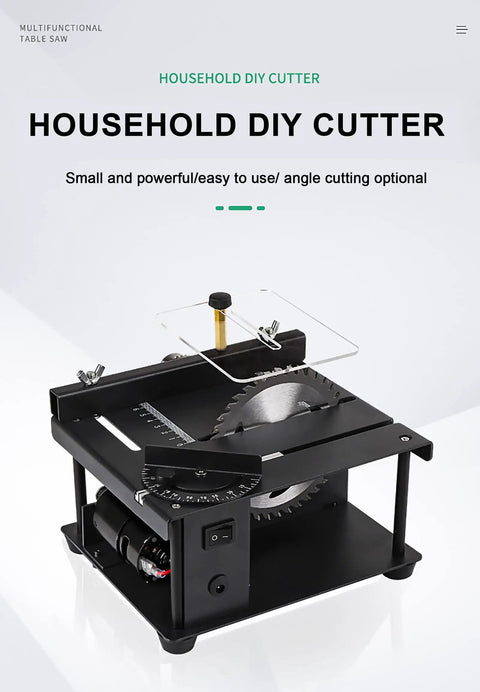 Compact Mini Sliding Table Saw Bad Boy Electric Bench Saw designed for precise cutting of wood and metal with adjustable angle features.
