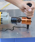 Heavy Duty 6Mm Metal Sheet Cutter With Double Head Electric Drill Attachment For Nibbling Punching And Scoring in use cutting stainless steel.