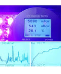 800W 365Nm 395Nm 405Nm LED UV Gel Curing Lamp Lightning Fast Cold Tech For Nails energy meter displaying UV output and temperature readings.