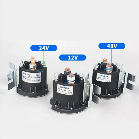 Three Heavy Duty Forklift Relay Start Switch And Electric Stacker Oil Pump Contactors labeled 12V, 24V, and 48V for truck repair jobs.